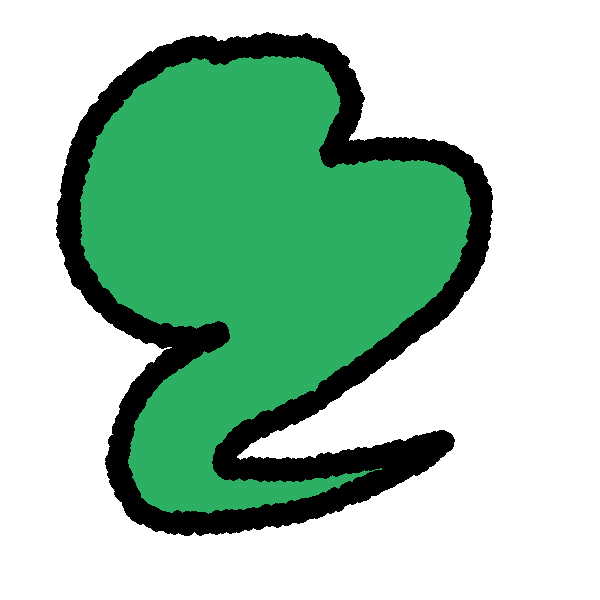 A green large blob with a thick tail coming out of the bottom and curving to the right.